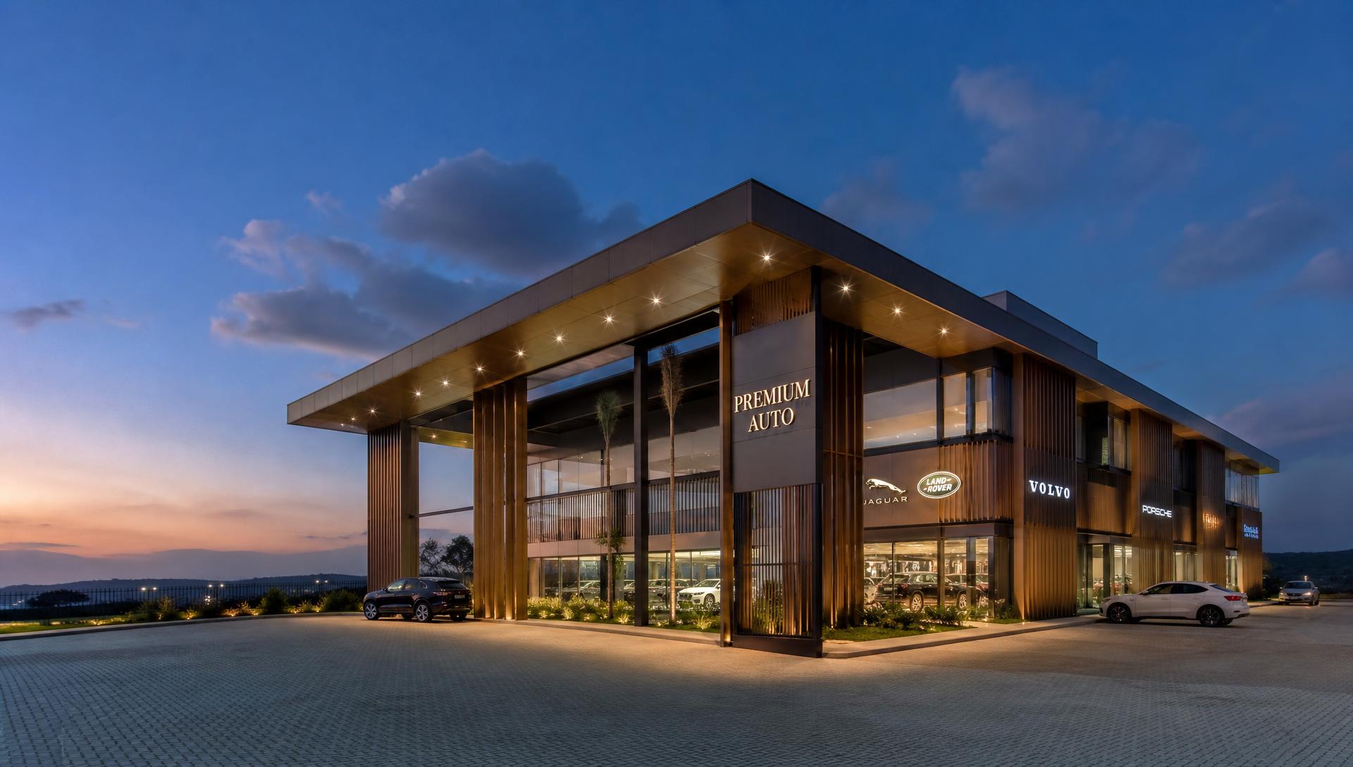 Fachada completa de concessionária multimarcas premium com pátio discreto e arquitetura corporativa